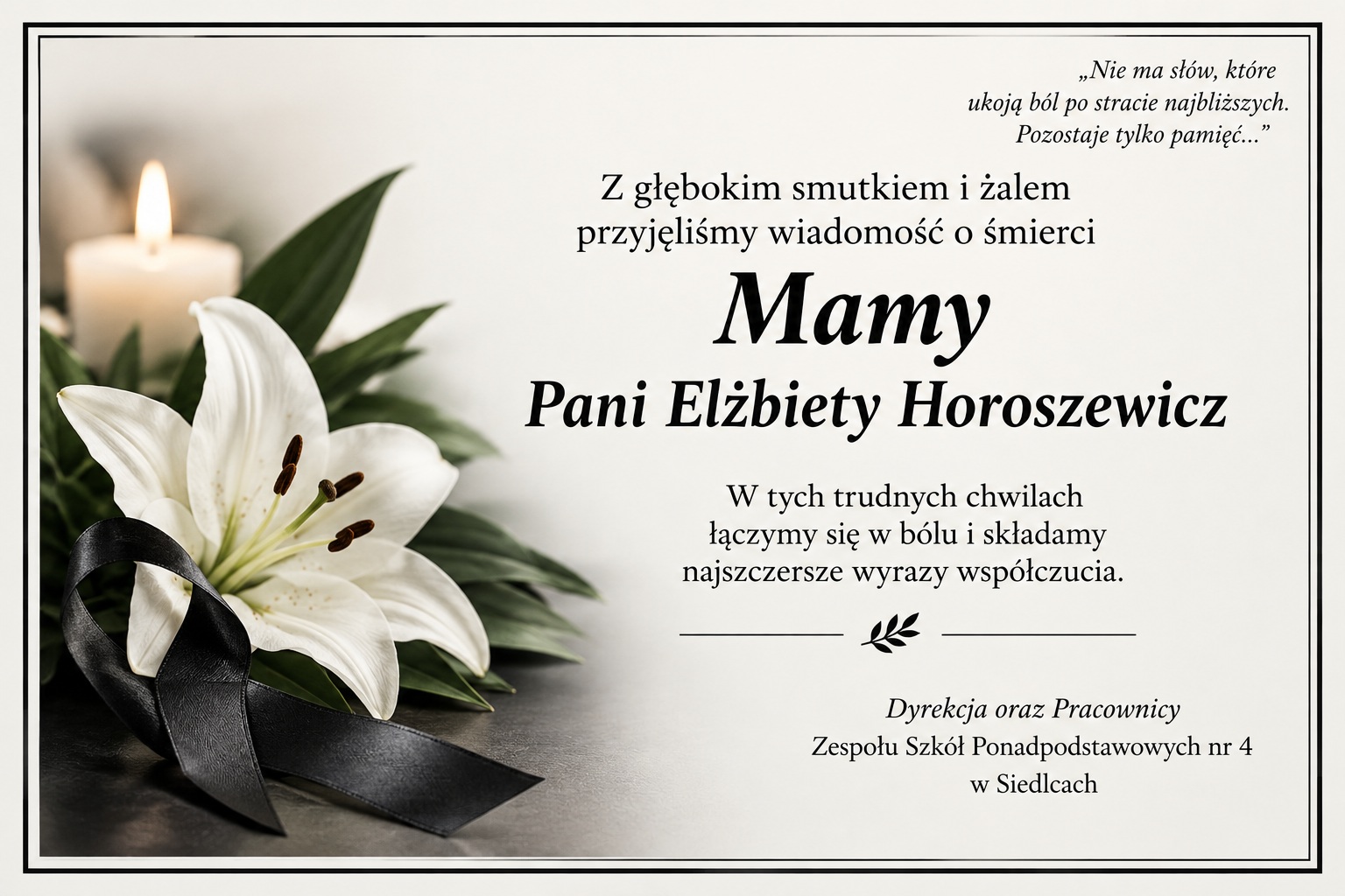 Kondolencje z białą lilią i wstęgą